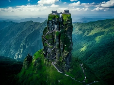 World Natural Heritage Fanjing Mountain twin peaks with sky bridge Guizhou China