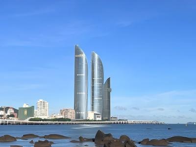 Xiamen Twin Towers overlooking the sea with coastal scenery
