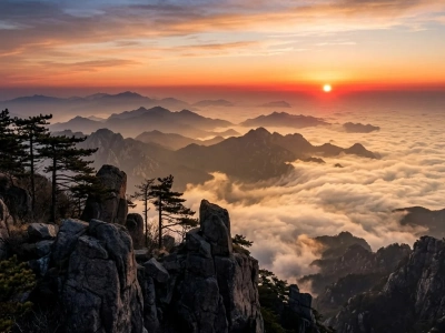 Sunrise, jagged peaks and vast cloud sea scenery of Mount Tai