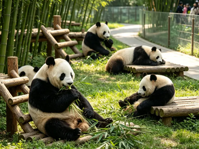 Multiple giant pandas eating and resting bamboo in green outdoor enclosure, Chengdu China wildlife attraction