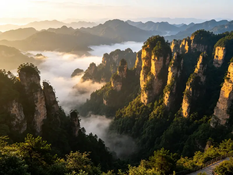 Towering quartz sandstone peaks shrouded in sea of clouds, floating mountains scenery, Hunan China