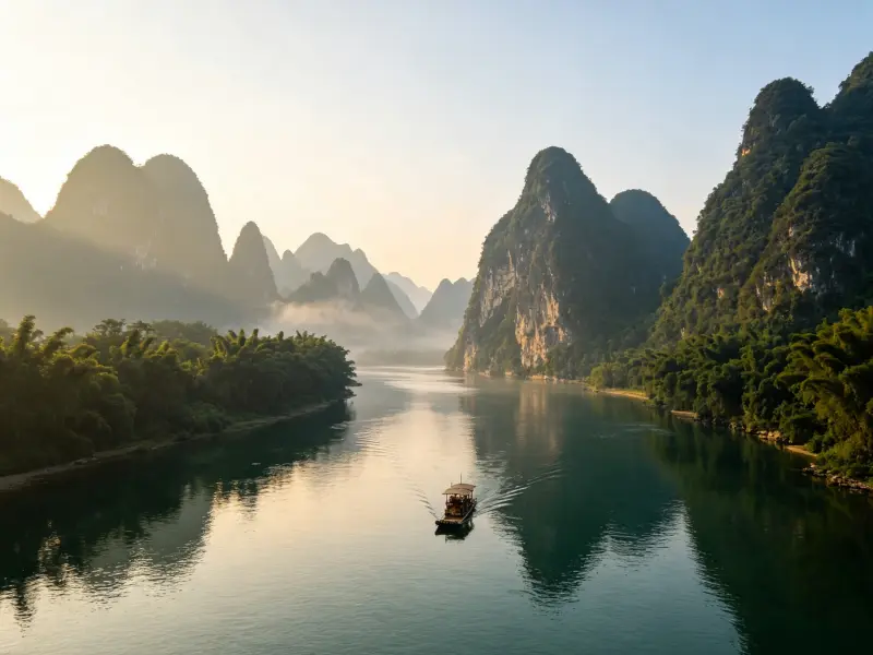 Cruise boat sailing on calm Li River, surrounded by karst limestone peaks at sunrise, Guilin