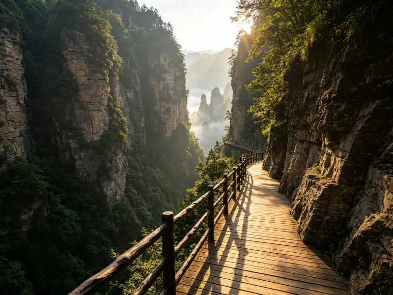 Cliff?side wooden boardwalk, towering quartz sandstone peaks, sea of mist clouds at sunrise
