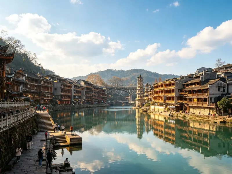 Riverside ancient town with traditional Miao?style wooden stilt houses, peaceful Tuojiang River reflection