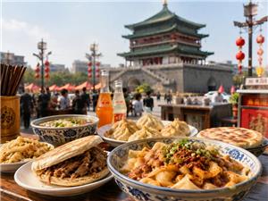 Authentic Xi'an street food with roujiamo, noodles and dumplings in front of the Bell Tower in daylight