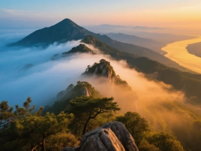 Golden sunrise over Mount Tai, sea of clouds and winding Yellow River view, Shandong