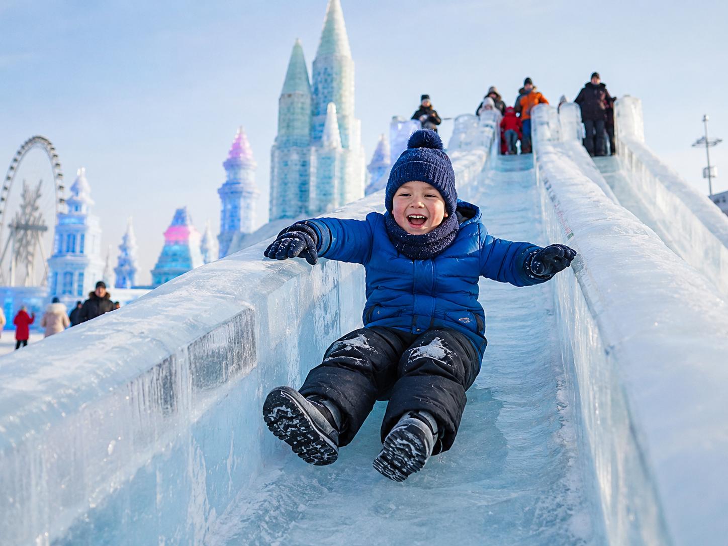 A foreign child rides an ice slide at Harbin Ice and Snow World in winter