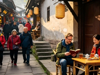 Traditional ancient street with red lanterns, old wooden shops and local snacks, historic town in Chongqing China