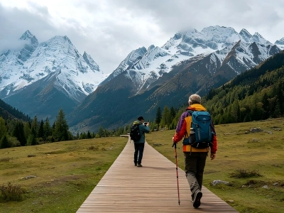 Siguniang Mountain with snow-capped peaks and green meadow