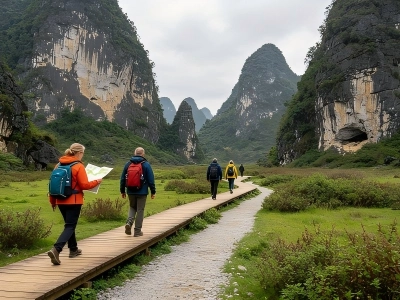 View of lush karst peaks of Guilin mountains with winding mountain roads