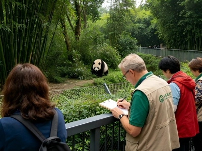 Multiple giant pandas eating and resting bamboo in green outdoor enclosure, Chengdu China wildlife attraction