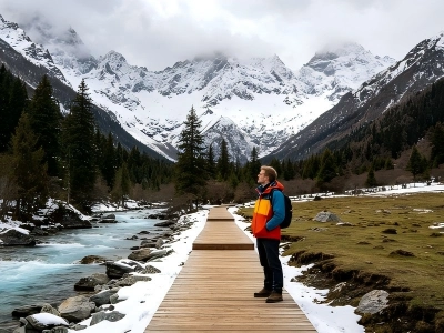 Four Sisters Mountain scenery with snow peaks, forest, and alpine lake in Sichuan