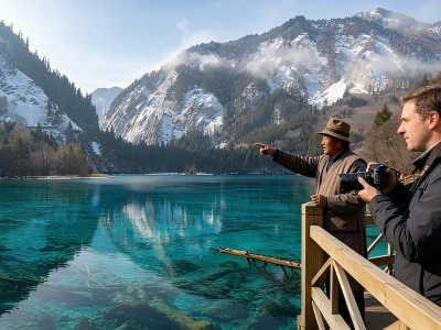 Jiuzhaigou turquoise lake, autumn forest and snow mountain scenery