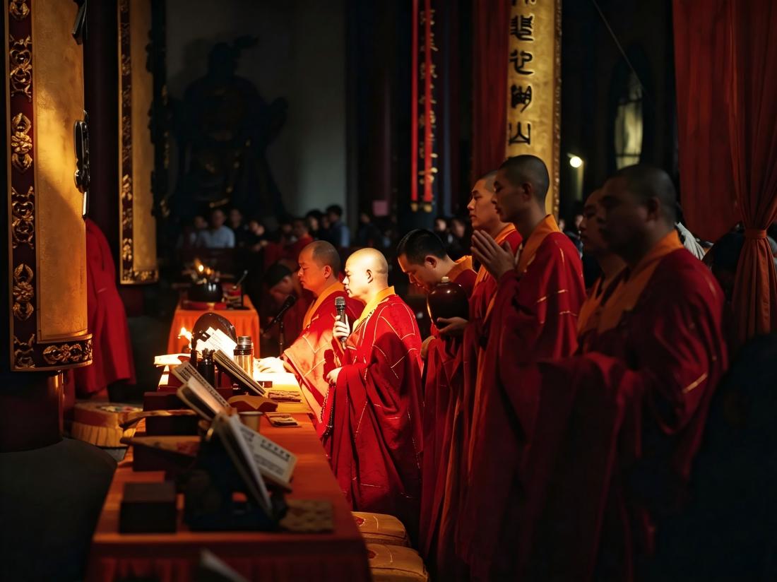 Monks in red robes chanting inside Hangzhou Lingyin Temple
