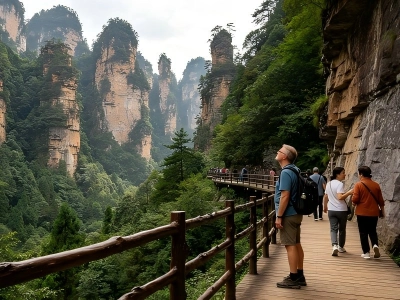 Towering quartz sandstone peaks shrouded in sea of clouds, floating mountains scenery, Hunan China