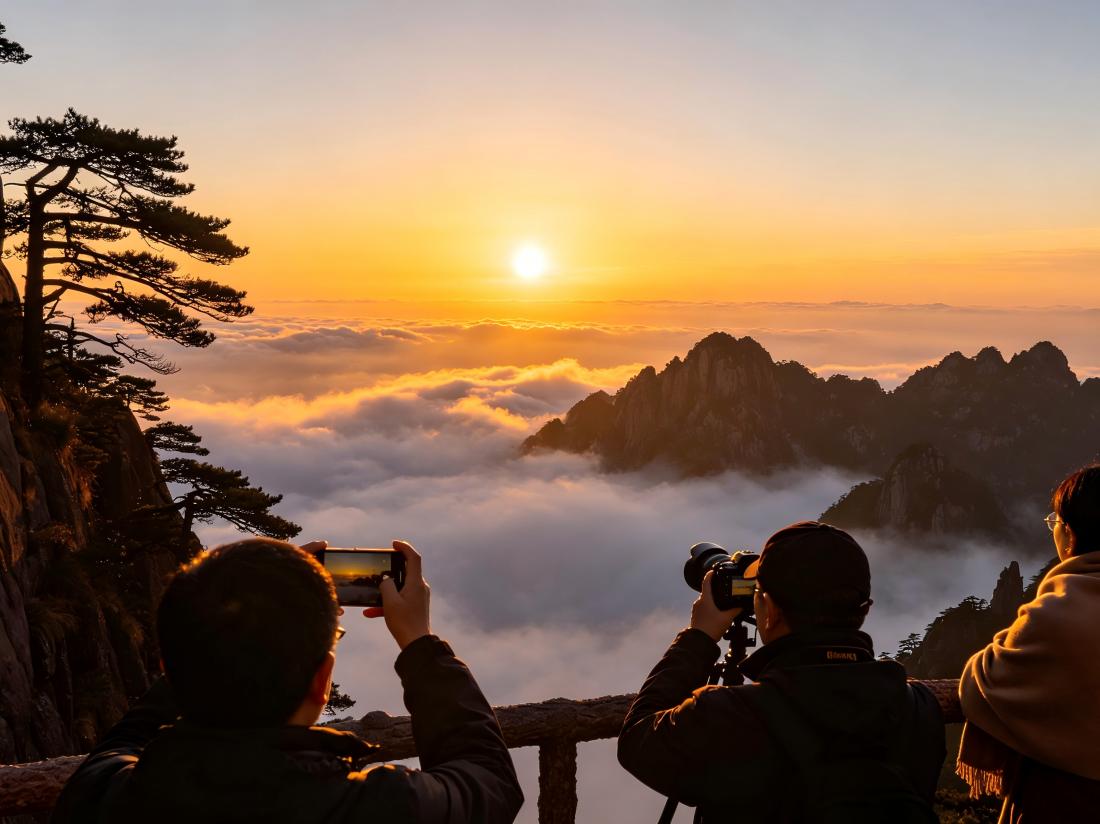 Watching sunrise over sea of clouds at Huangshan