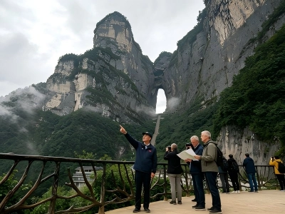 Giant natural cave Tianmen Cave, steep cliff stairway, towering rocky cliffs and lush forest, Hunan China