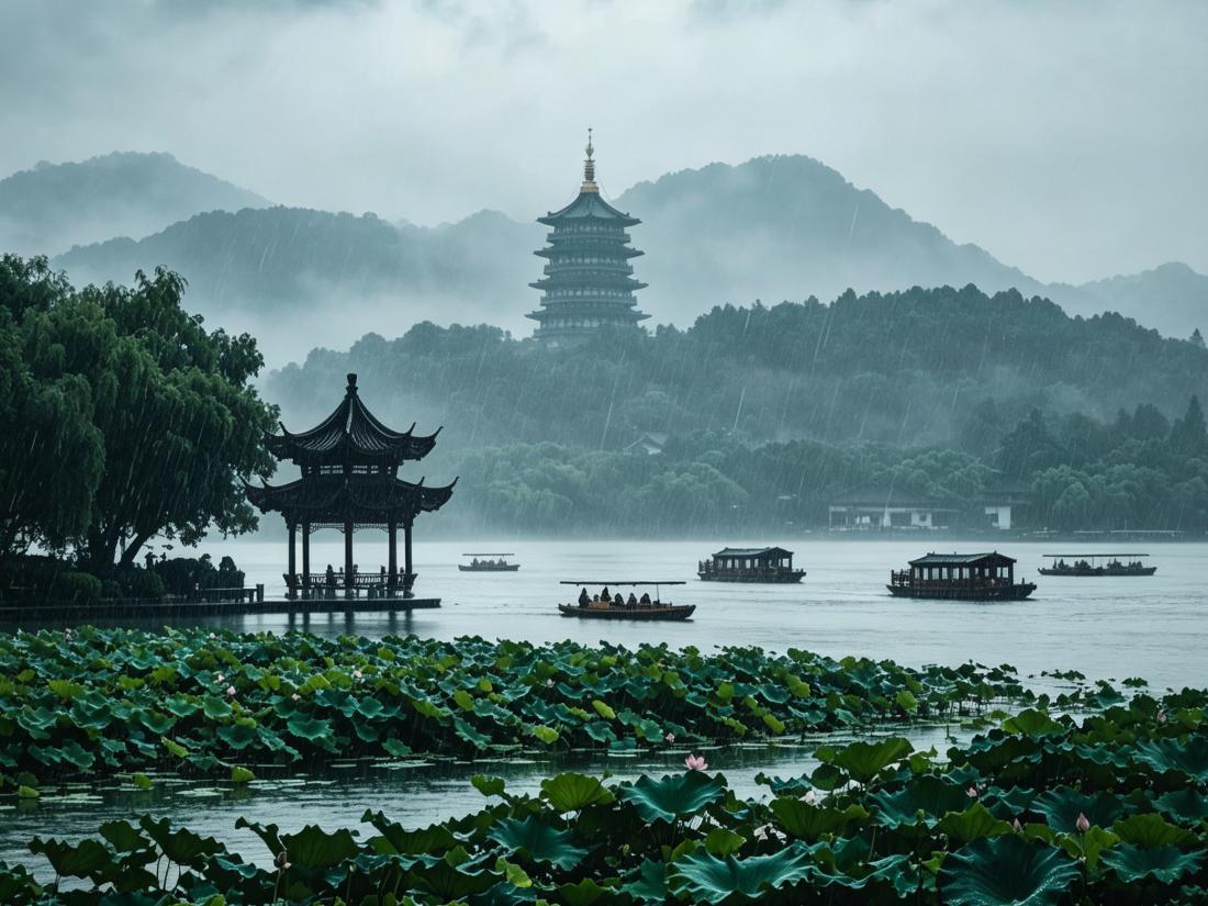 Rainy West Lake with lotus leaves, pavilion, boats and Leifeng Pagoda in mist