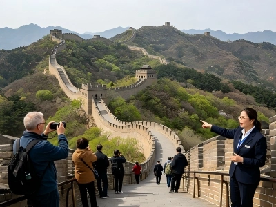 Mutianyu Great Wall with steep stone steps and watchtower, snaking over lush green forested hills under clear sky, iconic Beijing landmark
