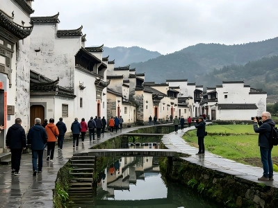 Foggy mountain village featuring classic Huizhou white-walled buildings surrounded by green terraced farmland