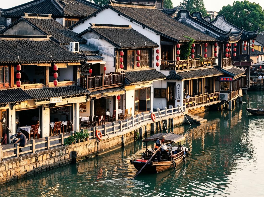 Zhujiajiao Ancient Water Town Shanghai, Classic Jiangnan Canal Houses with Red Lanterns