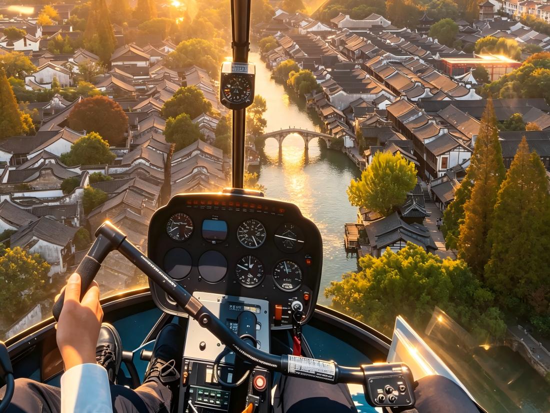 Helicopter cockpit view flying over ancient Wuzhen water town at sunset