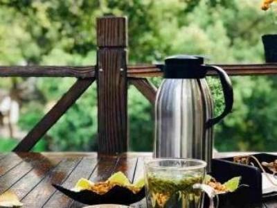 Longjing Village hotel terrace, fresh green tea with thermos amid lush woods, Hangzhou