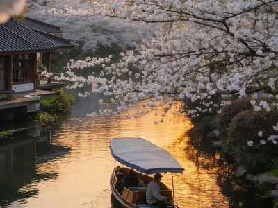Boat cruising under blooming cherry blossoms, peaceful spring waterfront view of Hangzhou Boat cruising under blooming cherry blossoms, peaceful spring waterfront view of Hangzhou