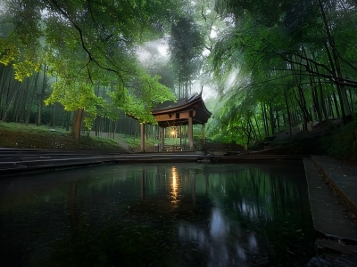 Yunqi Bamboo Path Washing Heart Pavilion on Rainy Days in Hangzhou