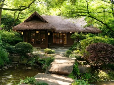 Tranquil tea house garden at Hangzhou Tea Museum Tranquil tea house garden at Hangzhou Tea Museum
