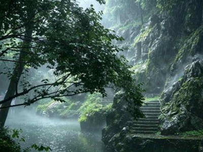 Misty mountain trail at Feilai Peak in rainy weather