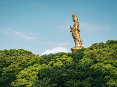 Side Profile of Nanhai Guanyin Statue Above Green Forest Putuoshan