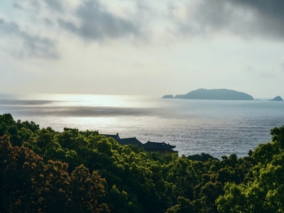 Overlooking Sea and Distant Island from Putuoshan Mountain