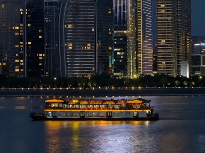 Night Cruise Ship Sailing on Qiantang River Hangzhou