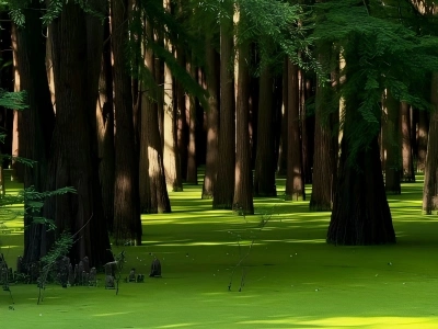 Sunlight filtering through tall metasequoia trees over bright green duckweed lake