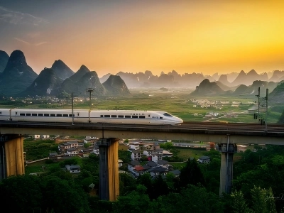 High Speed Train Through Karst Mountain Landscape