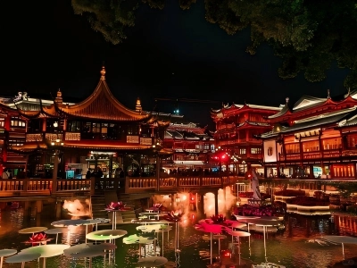 Yu Garden Night View with Ancient Chinese Buildings