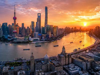 Shanghai Skyline at Sunset with Huangpu River View