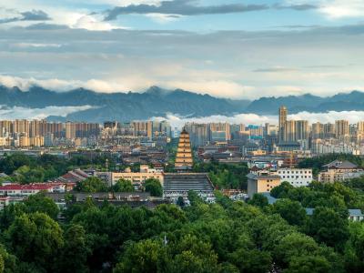 The Big Wild Goose Pagoda and Lanyue Pavilion nestled beneath the Qinling Mountains