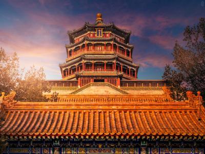 Close-up view of the Tower of Buddhist Incense at sunset
