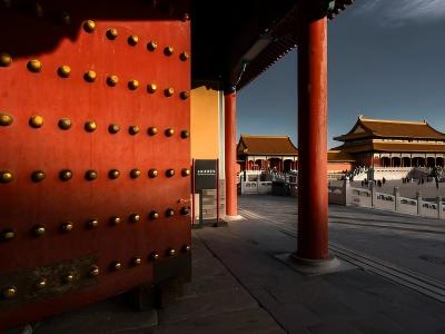 Forbidden City red gate and palace courtyard in Beijing
