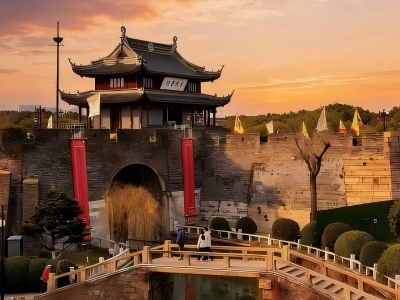 Sunset View of Panmen Gate, Ancient Suzhou City Wall Scenery