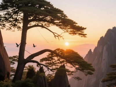 Huangshan Guest?Greeting Pine at sunset