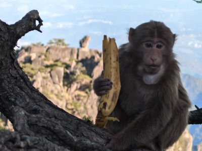 Wild macaque monkey on Huangshan mountain