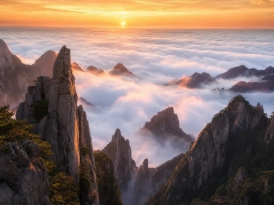 Huangshan jagged peaks sunset sea of clouds