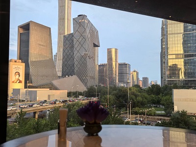 The restaurant at Rosewood Beijing faces Beijing's CBD.
