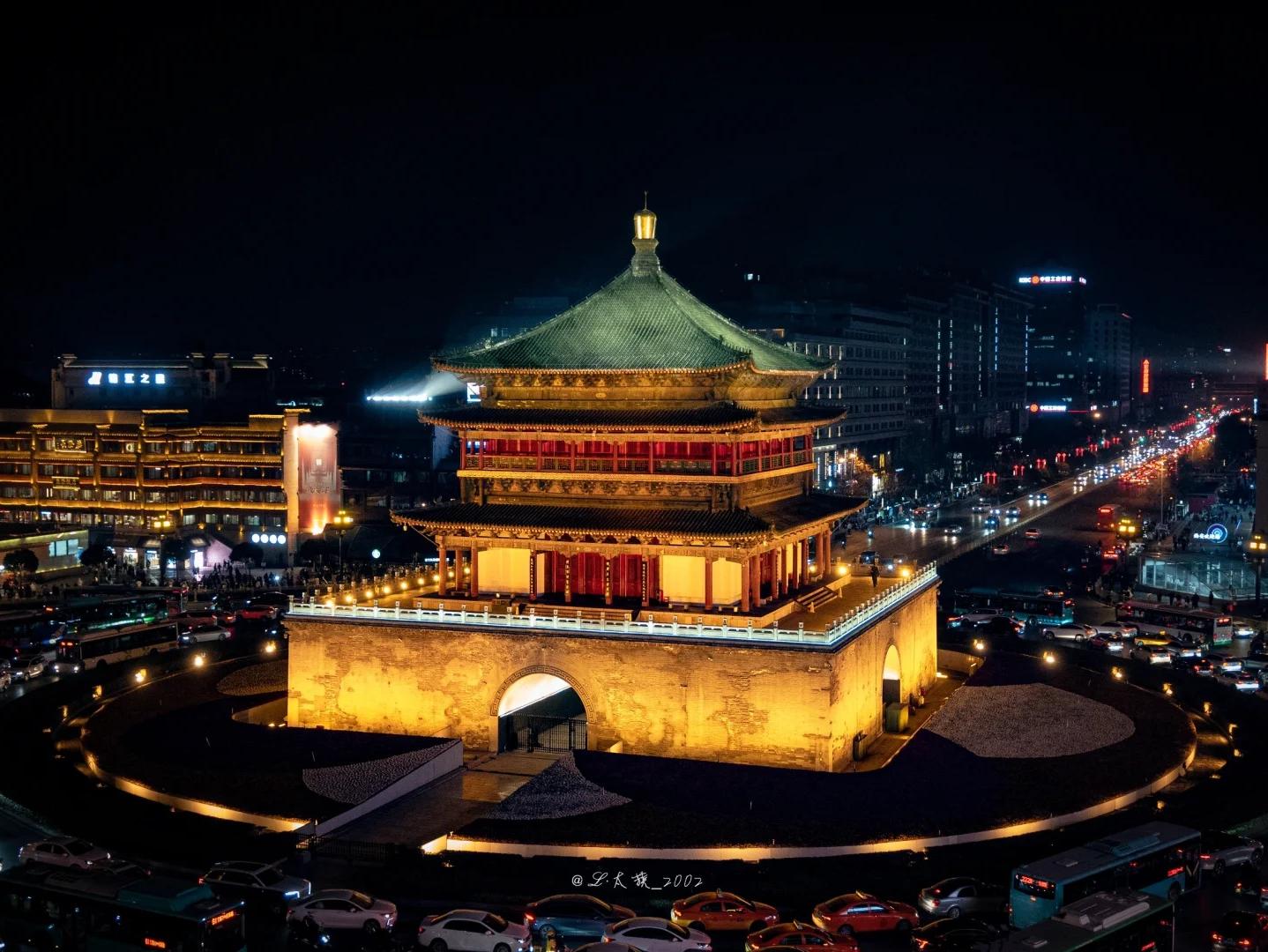Illuminated Xi'an Bell Tower at night