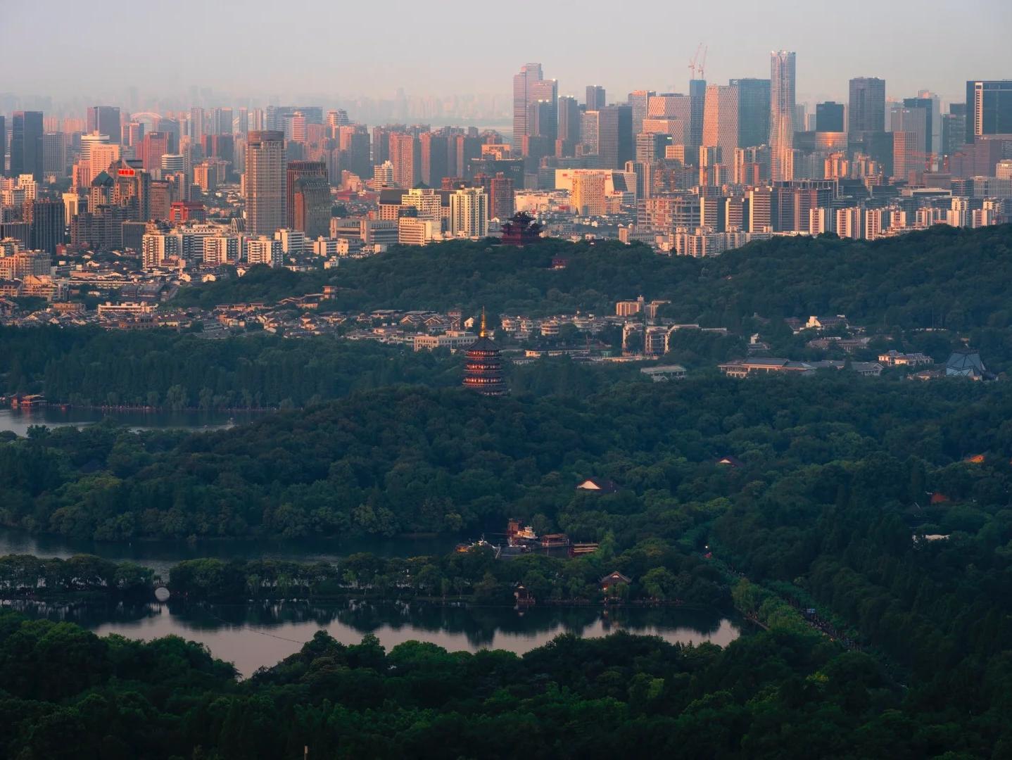 Hangzhou West Lake and City Skyline View at Sunset