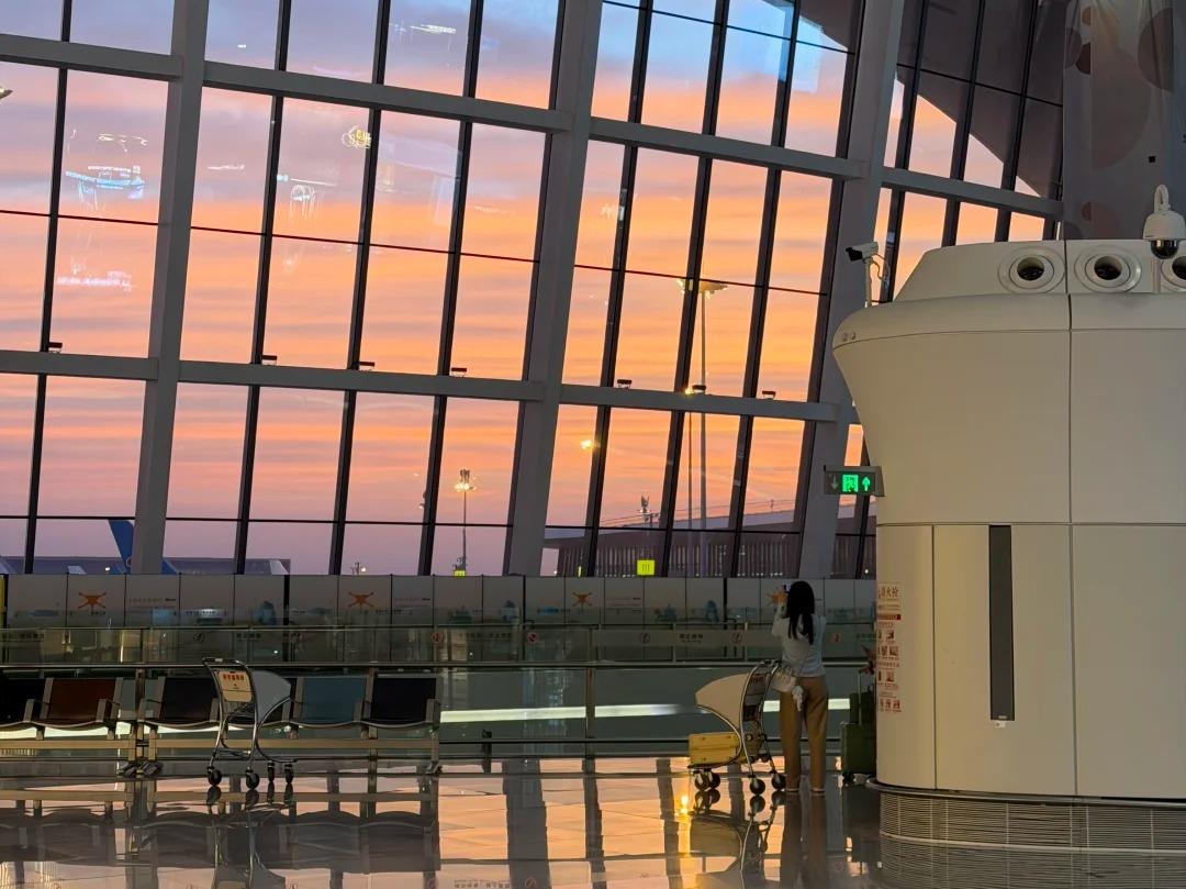 Sunset Glow View from Beijing Daxing Airport Departure Lounge