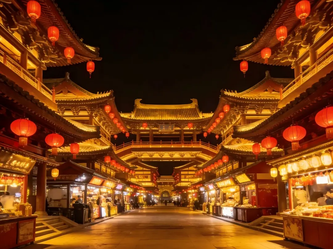 Ancient Tang Style Street with Red Lanterns at Night, Xi'an